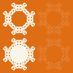 Four ornate circular designs. Lace, doilies, lattice and laser cut. Symmetrical patterns. Intricate details. Light yellow and orange. Contrast styles. Decorative art. Vintage style. Isolated elements.