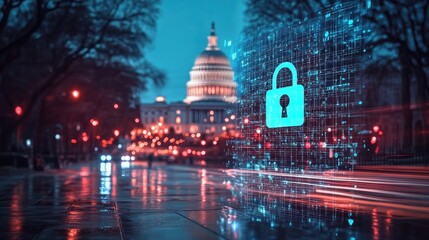 Government building exterior. Concept of cyber security to protect confidential information, padlock hologram