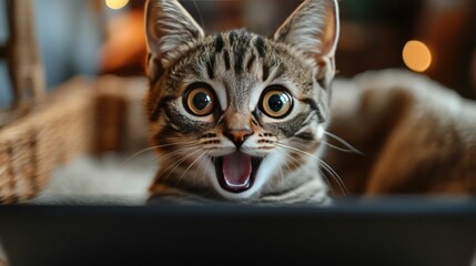 Amazed tabby kitten open mouth wide