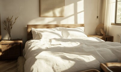 Minimalist bedroom with crisp white bedding, soft beige cushions, and warm wooden accents under bright morning sunlight.
