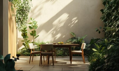 Obraz premium Minimalist dining area with a wooden table, soft beige chairs, and indoor plants enhancing the natural look.