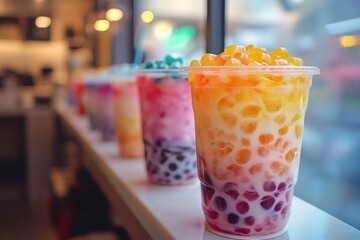 Colorful bubble tea displaying variety of flavors and toppings