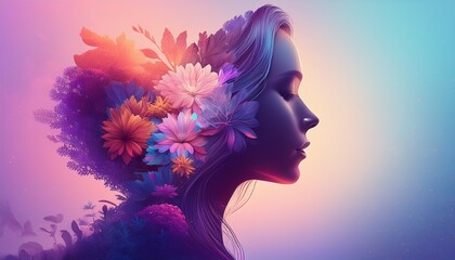 Double exposure woman profile and flowers,  women's day illustration;
Generated image