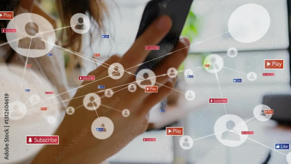 Poster using smartphone with animation of social media icons and network connections