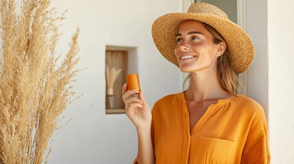 A cheerful woman in a straw hat and orange blouse holding a sunscreen stick. She is outdoors, enjoying a sunny day with a bright and relaxed expression.  
