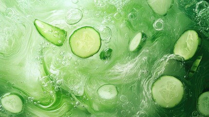 Fresh Cucumber Slices Floating in Sparkling Water Against a Vibrant Green Background