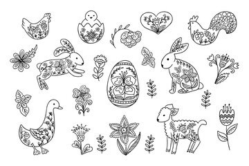 Hand drawn Easter folk doodles with decorative animals, floral elements, and an ornate egg in a black and white style, perfect for coloring pages, festive designs, and traditional art © Olena