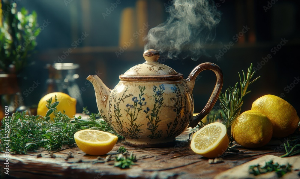 Poster freshly brewed herbal tea served in a rustic ceramic teapot surrounded by fresh herbs and lemon slic