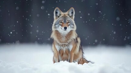 Fototapeta premium Coyote Sitting in Snowy Forest During Winter