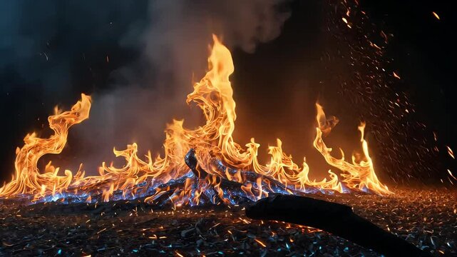 Wildfire burning through dry grass creating dramatic flames and thick smoke rising into the air
