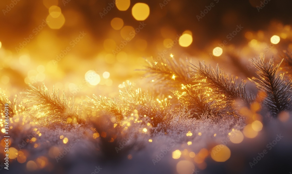 Poster frosted pine needles covered with snow illuminated by subtle golden light creating a peaceful and ma