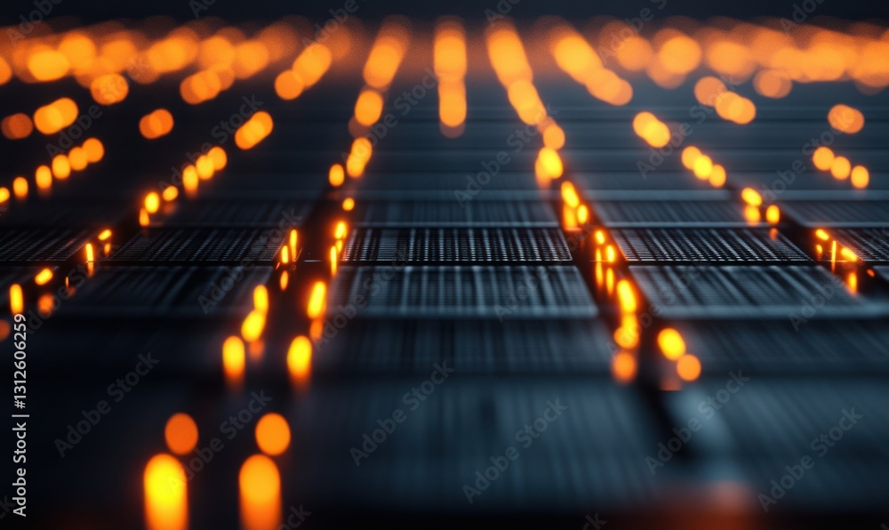 Poster futuristic glowing black and orange grid textures illuminated by gradient lighting creating a sleek 