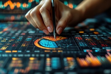 Fototapeta premium Hand analyzing vibrant financial data charts