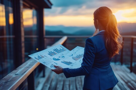 Businesswoman reviewing financial charts at sunset on a mountaintop balcony.