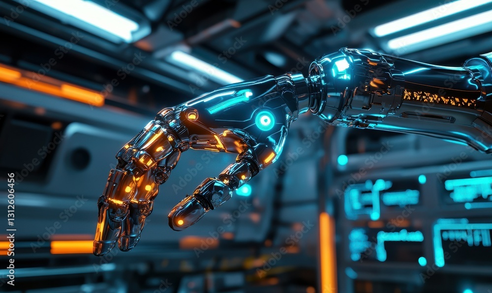 Poster futuristic robotic arm illuminated by glowing blue and orange lights symbolizing advanced industrial