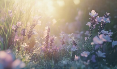 Obraz premium Gentle lavender flowers glowing under warm natural light, surrounded by blurred green stems and soft pastel tones for a serene floral composition,