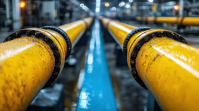 Industrial Yellow pipes run parallel, with blue support, in a blurred factory setting