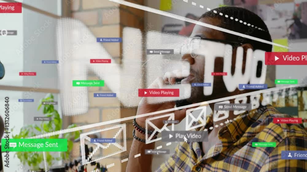 Poster interacting with animation, man viewing notifications and video icons on screen