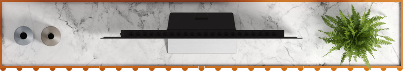Top view of orange TV Unit with white marble top
