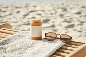 A bottle of sunscreen and a pair of sunglasses rest on a white towel on the sandy beach. A stylish and essential summer skincare and sun protection concept.  
