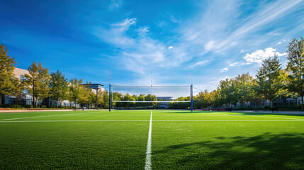 Obraz premium Wide-Open University Campus Volleyball Court Surrounded by Green Grass, Ideal for Tournaments or Casual Play with Ample Space for Additional Content
