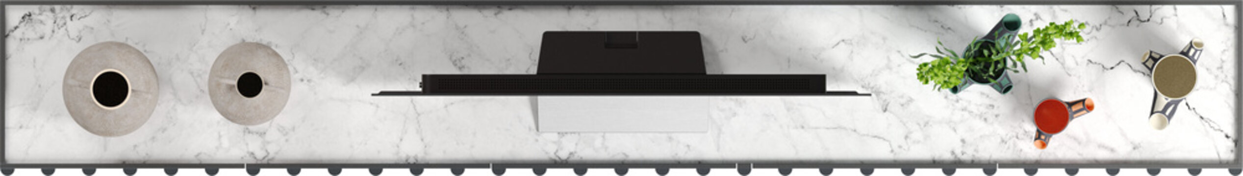 Top view of black TV Unit with white marble top