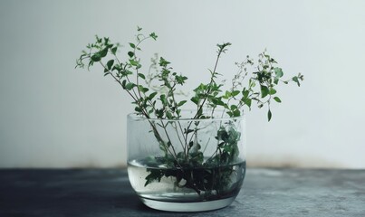 Overgrown plants in empty glass container, , barren floral arrangement