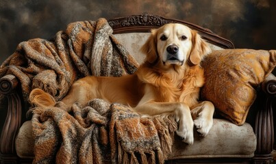 Happy golden retriever lying on a cozy couch, surrounded by warm throw blankets and pillows, exuding a peaceful and comforting vibe