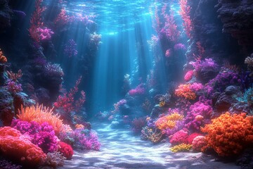 Vibrant coral reef underwater scene sunlight path