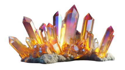Bright orange and purple crystals growing on rock with transparent background