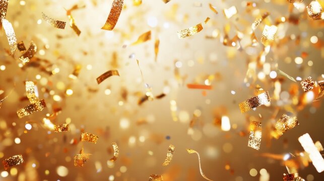 Shimmering golden confetti falling against a soft glowing background, creating a festive atmosphere - Powered by Adobe