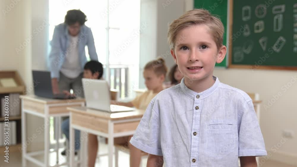Poster caucasian cute student looking at camera while friend studying about writing engineering code or cod