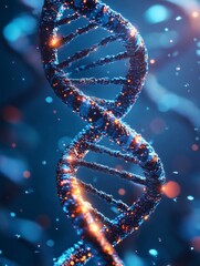 Glowing DNA Strand - Close-up of a DNA double helix, glowing with vibrant orange and blue light. Abstract science background