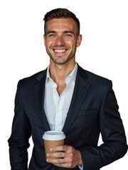 A smiling man holds a coffee cup Isolated on white or transparent png.