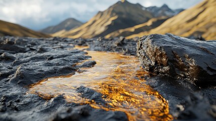 Golden Stream Through Mountain Rocks - Close-up of liquid gold flowing through dark rocks in a mountain valley. Symbolizes wealth, nature's beauty, hidden treasures, resilience, and the flow of time