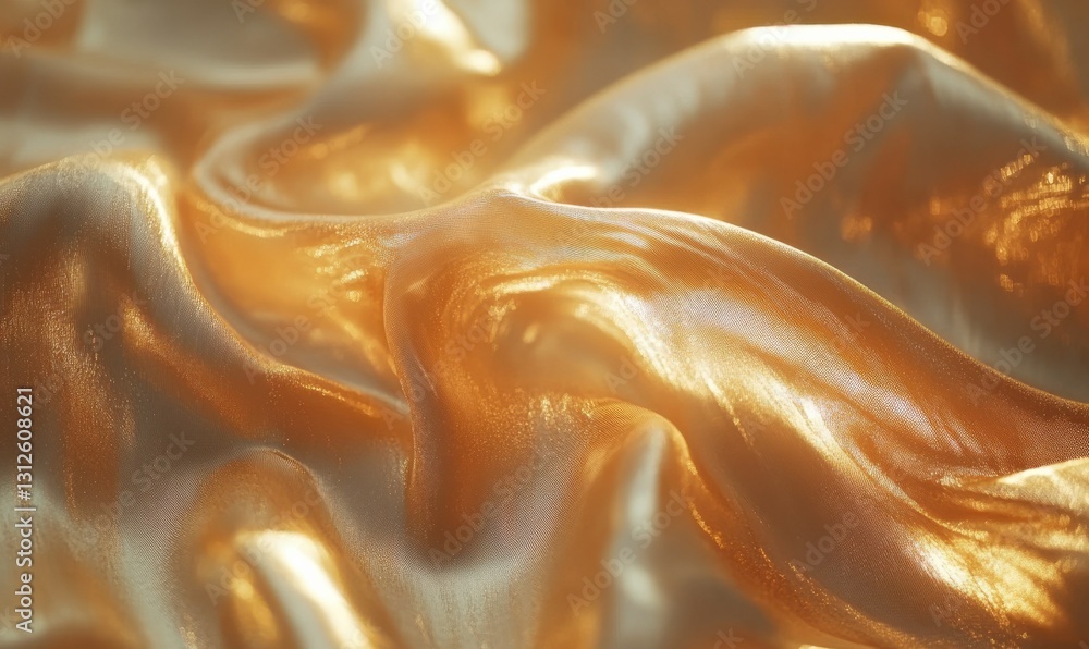 Poster luxurious flowing gold satin fabric with intricate folds, illuminated by diffused light emphasizing 