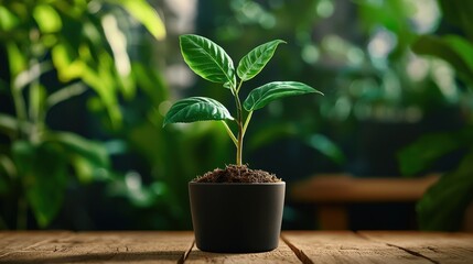 Young plant in a pot on a wooden table.