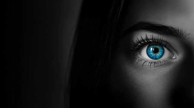 Extreme closeup on blue eye shows details and pattern of iris, changing pupil, eye blinking for scan, biometric or iris recognition