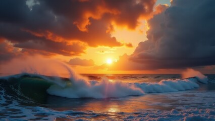 Wisps of cloud highlight majestic ocean at golden sunset deepening hues along the peaceful bay