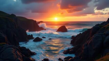 Fototapeta premium Glittering surface of majestic ocean meets golden sunset in a dance of reflective brilliance