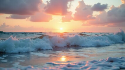 Fototapeta premium Brilliant contrast emerges as majestic ocean greets golden sunset under a sky of swirling color