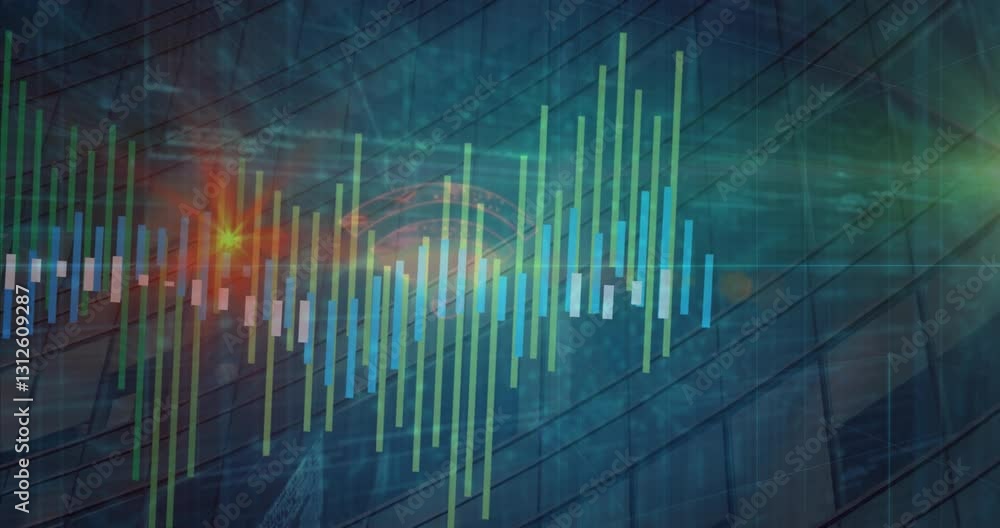 Poster colorful sound wave animating over geometric background with digital elements