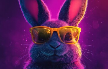 Portrait of a rabbit wearing yellow glasses in colorful neon lighting