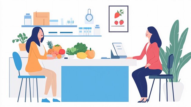 Two women talking about healthy food in an office setting