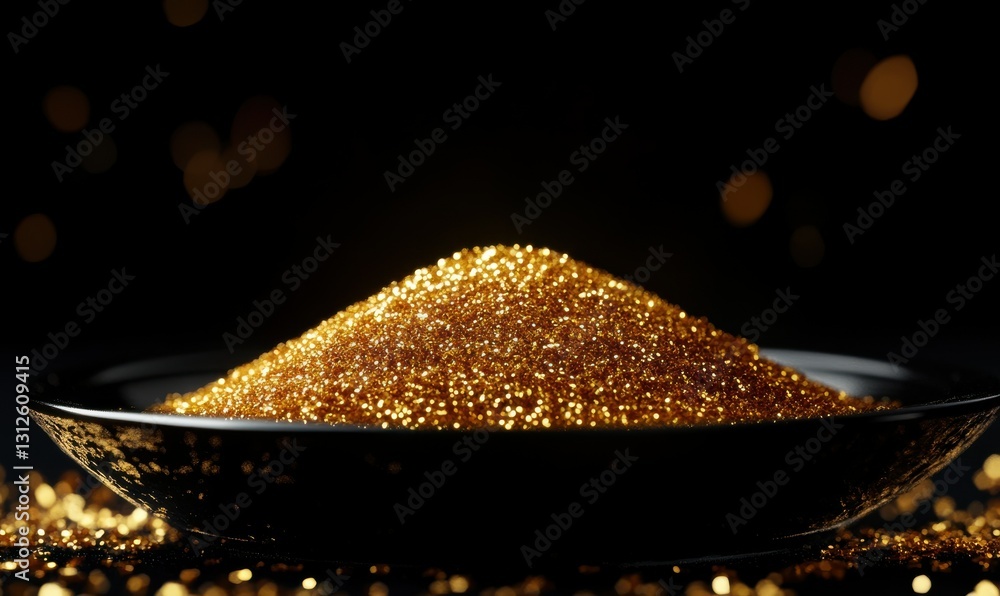 Poster macro shot of golden glitter cascading across a deep black surface, illuminated by soft glowing ligh
