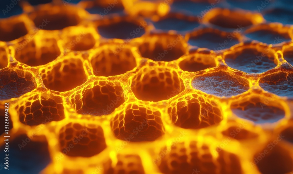 Poster macro shot of glowing orange honeycomb structures illuminated by gradient light forming a bold biolo