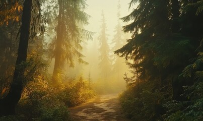 Obraz premium Misty forest path surrounded by tall trees and soft golden light filtering through the fog, creating a peaceful and magical atmosphere