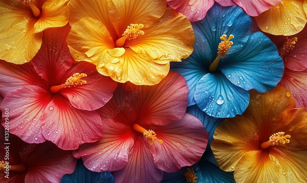 Poster macro shot of vibrant colorful tropical flowers illuminated by soft natural light showcasing intrica