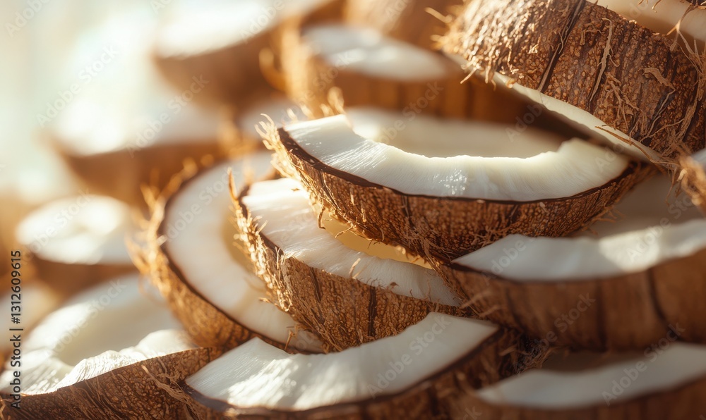 Poster macro shot of stacked coconut slices with textured surfaces illuminated by soft natural light creati