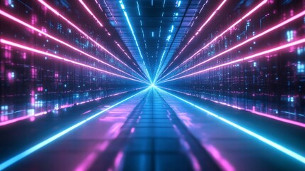Futuristic neon light grid, glowing blue and pink lines stretching to infinity generative ai